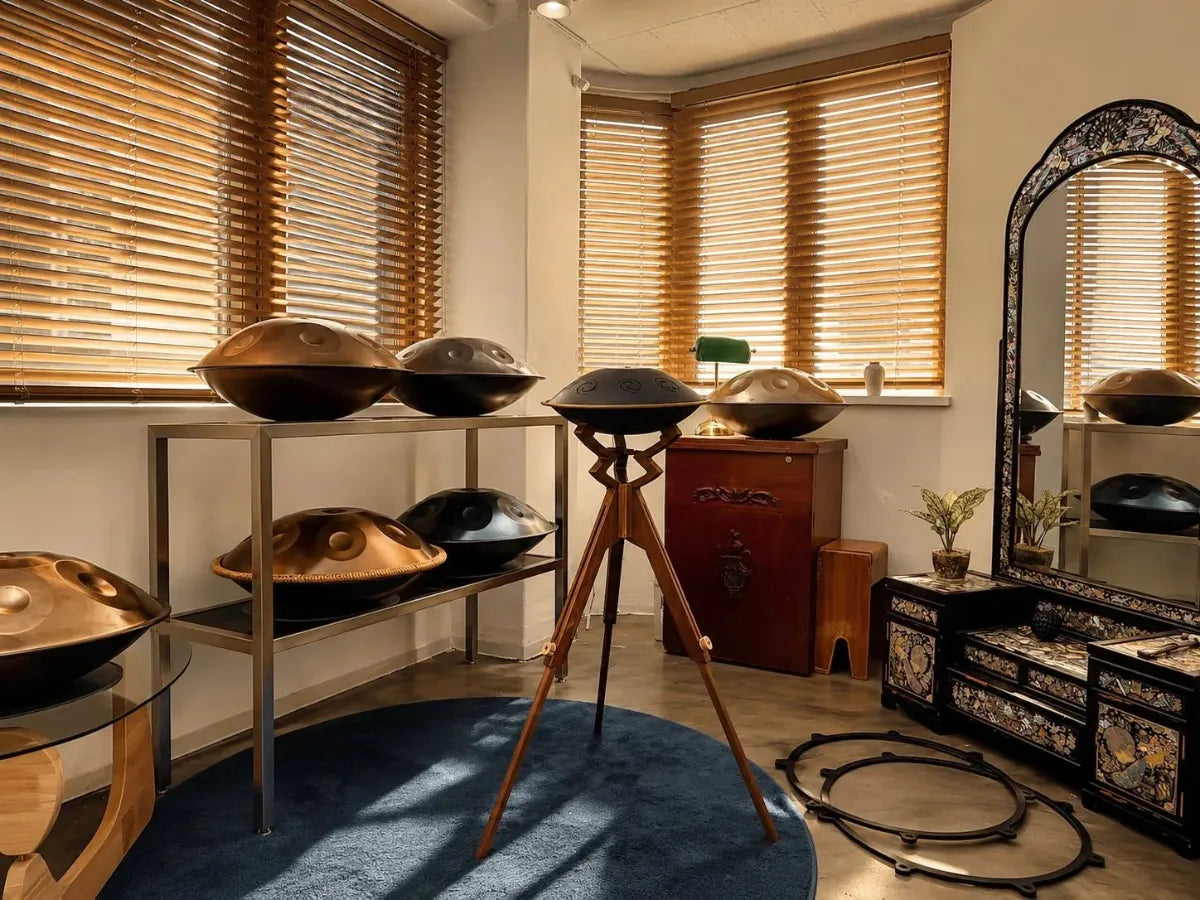 여러 핸드팬이 진열된 에코아 스튜디오 쇼룸 내부